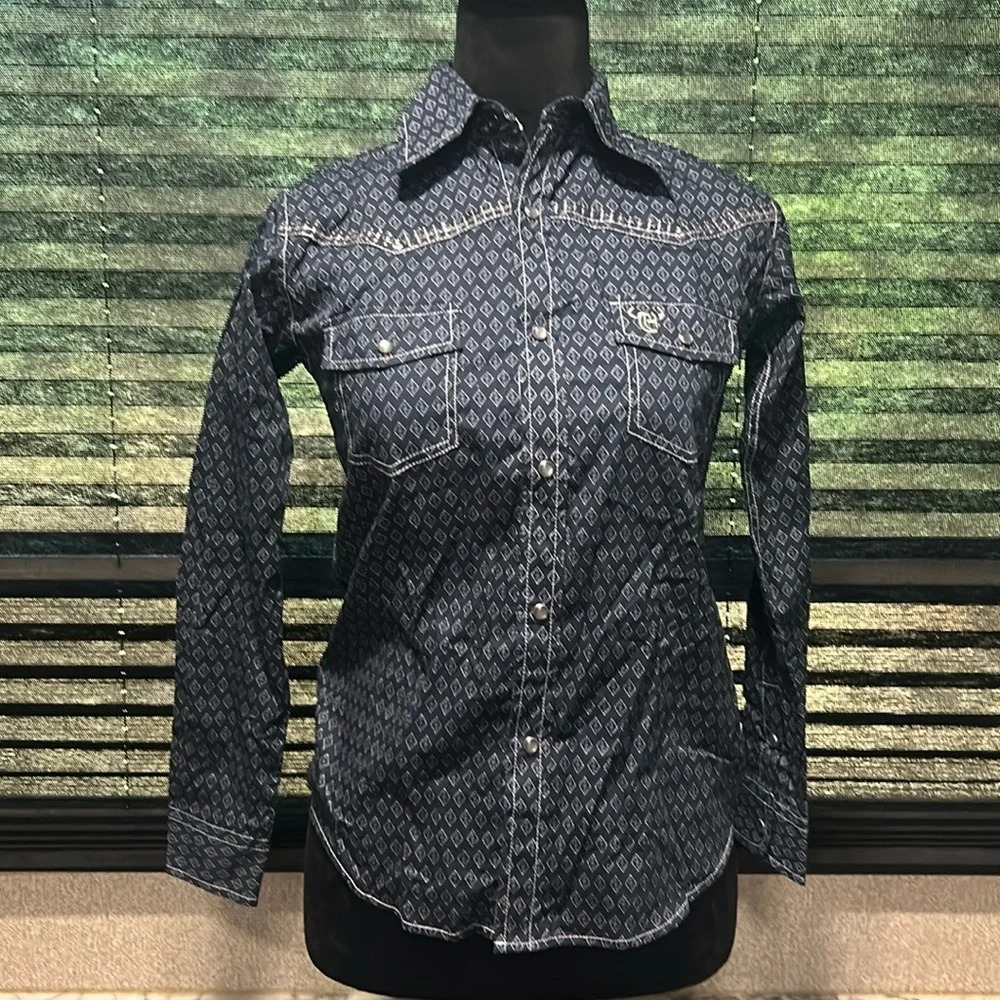 Cowboy Hardware Boys Dashed Diamond Pearl Snap Front Cotton Shirt‎ Medium NWT